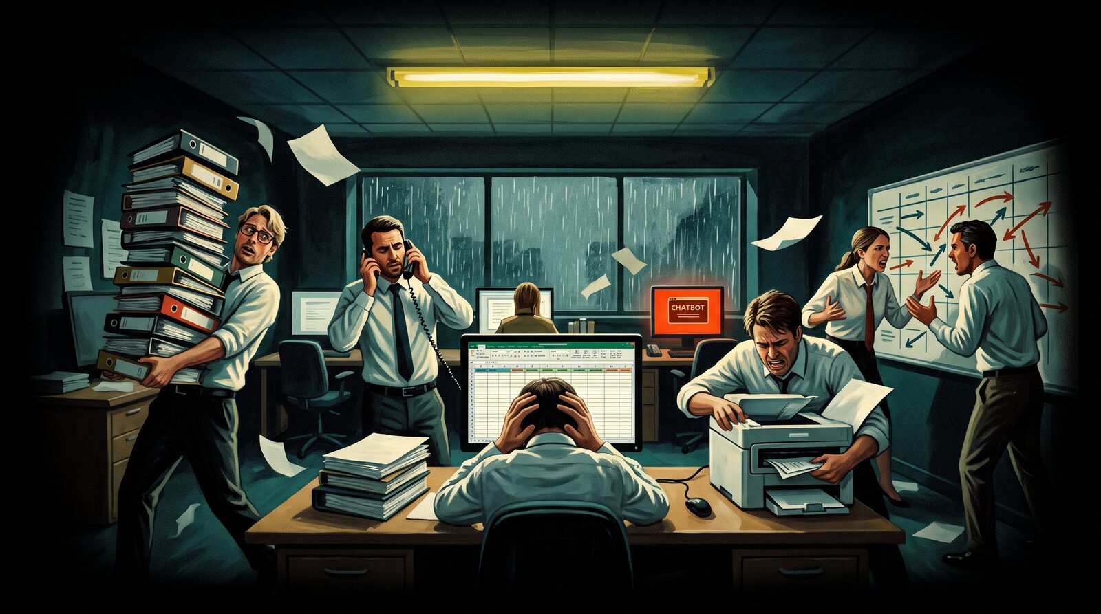 An office overwhelmed by paper, phones and a broken chatbot