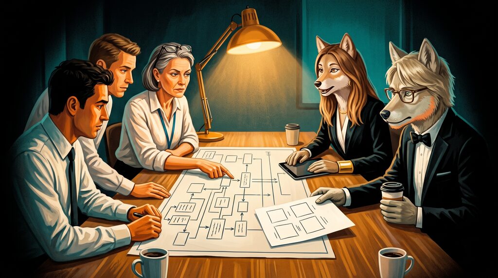 The Wolves planning with a team around a table